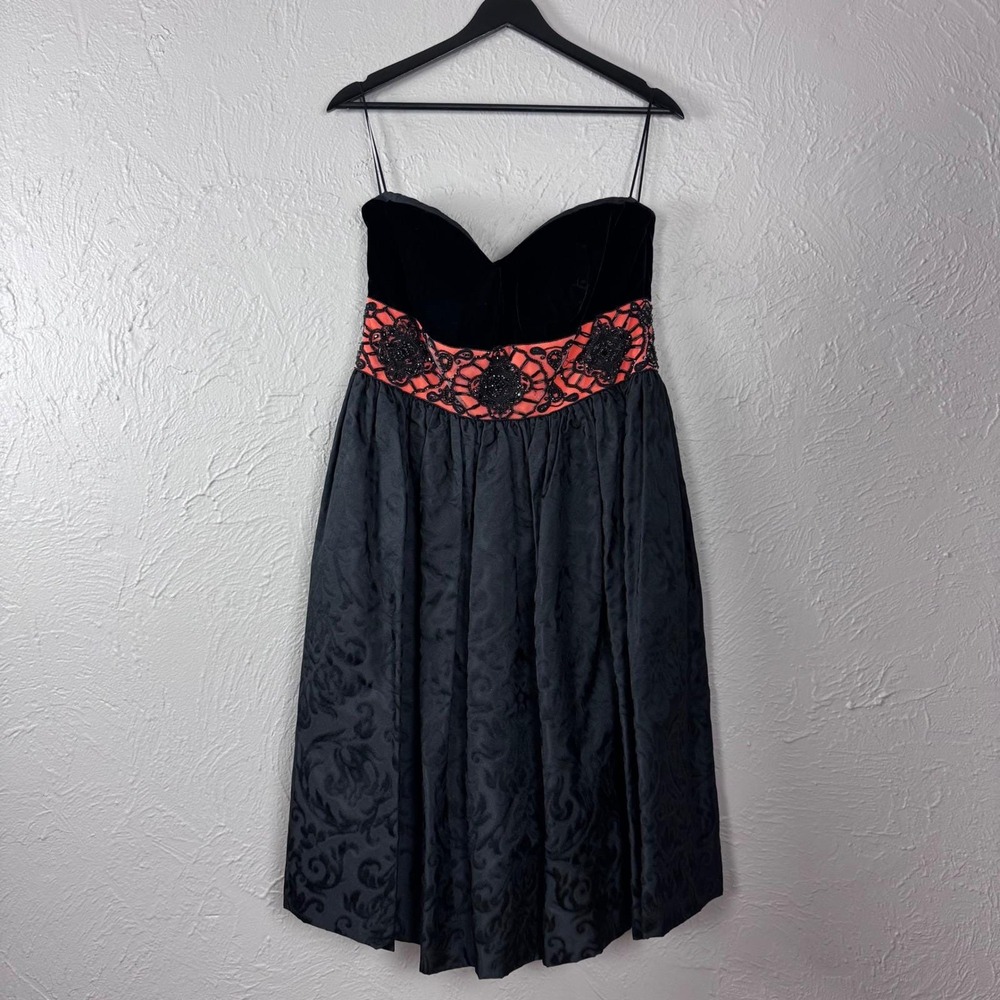 Vtg Escada Black Velvet Coral Beaded Strapless Silk Corset Cocktail Dress 42
